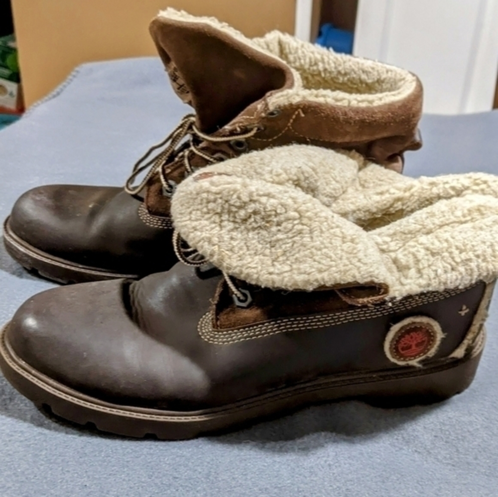Men's Timberland Sz 7‎ fleece lined boots brown leather fold top
